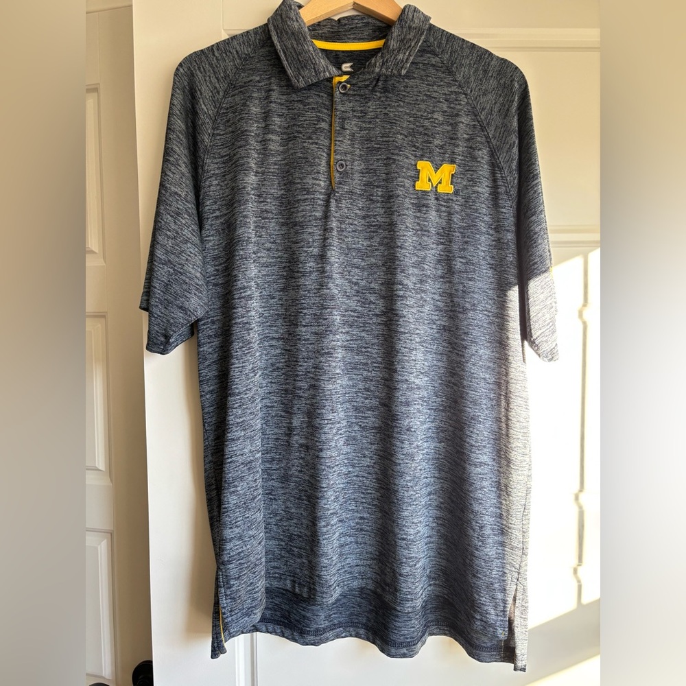 Men's Heathered Blue Polo Shirt with University of Michigan logo: Men's L
